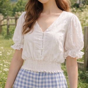 Hayden LA White Embroidered Cotton Smocked Waist Peasant Crop Top Small